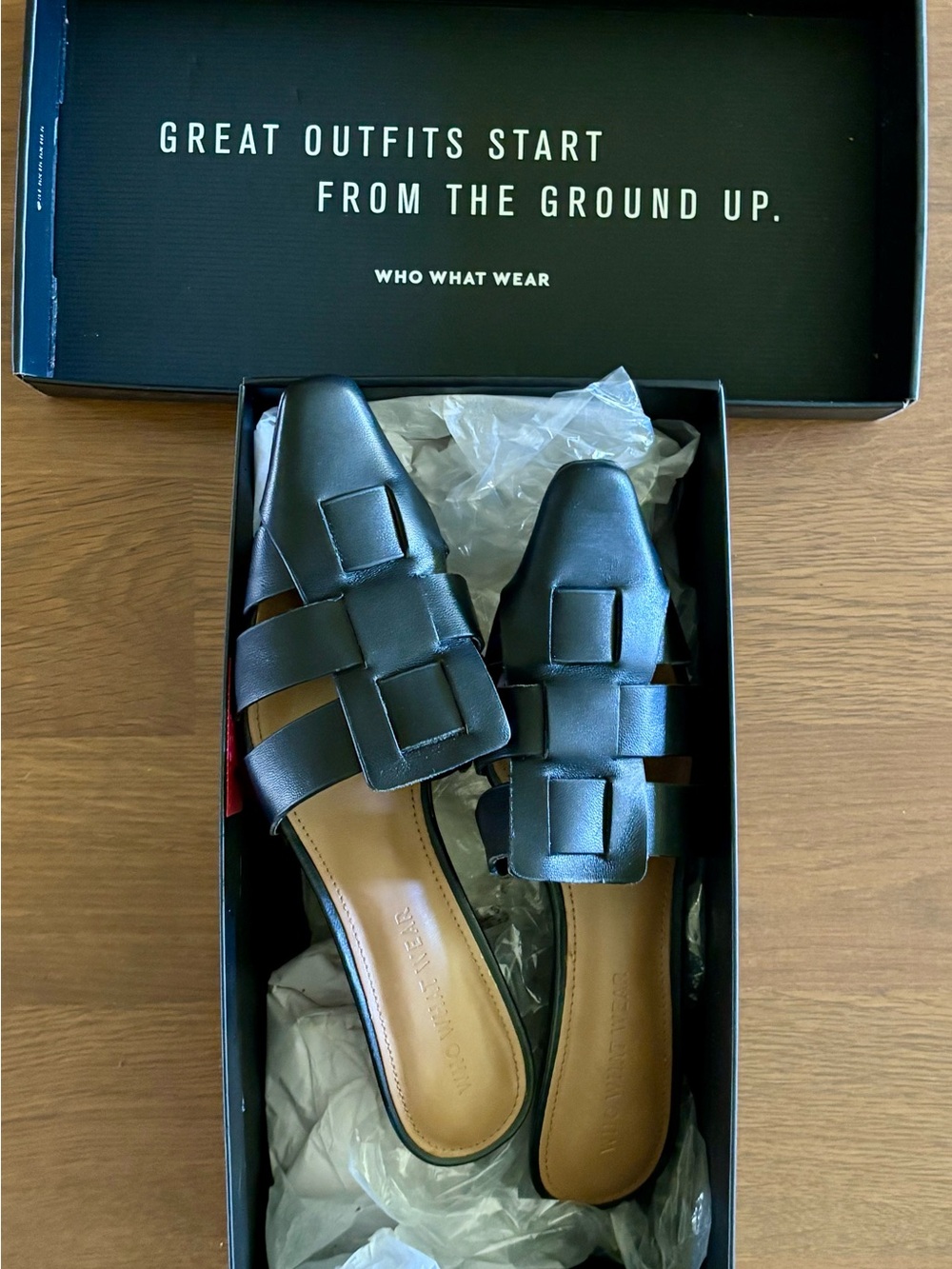Who What Wear Black Leather Basket-Weave Slide Mules